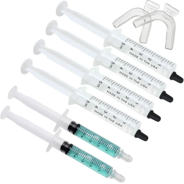 4 whitening syringes 2 remineralization syringes and 2 mouth-trays
